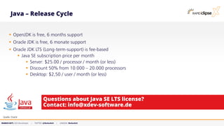 MARKUS KETT, CEO MicroStream | TWITTER: @MarkusKett | LINKEDIN: MarkusKett
Questions about Java SE LTS license?
Contact: info@xdev-software.de
▪ OpenJDK is free, 6 months support
▪ Oracle JDK is free, 6 monate support
▪ Oracle JDK LTS (Long-term-support) is fee-based
▪ Java SE subscription price per month
▪ Server: $25.00 / processor / month (or less)
▪ Discount 50% from 10.000 – 20.000 processors
▪ Desktop: $2,50 / user / month (or less)
Quelle: Oracle
Java – Release Cycle
 