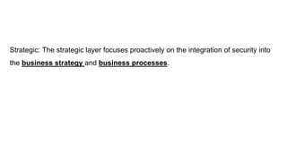 Strategic: The strategic layer focuses proactively on the integration of security into
the business strategy and business ...