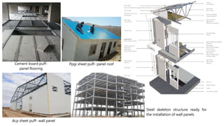 Cement board puff-
panel flooring
Ppgi sheet puff- panel roof
Acp sheet puff- wall panel
Steel skeleton structure ready for
the installation of wall panels
 