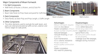 Major Components of Mivan Formwork
1. For Wall Components
• Wall Panel, d) Rocker, c) Kickers, and d) Stub Pin
2. Beam Components
• Beam Side Panel, b) Prop Head and panel for Soffit Beam
3. Deck Components
• Deck Panels, b) Deck Prop and Prop Length, c) Soffit Length
4. Other Components
• The other elements used to exclude the wall, beam, and
parts are internal and external soffit corners, exterior and
interior edges for wall panels
Beam shutters Wall shutters
Advantages:
•Mivan Formwork requires
relatively less labour
•Faster completion of floors
•Lesser number of joints and
reduced leakages
•Smooth finishing of wall
and slab
•Low maintenance
•More seismic resistance
•Huge carpet area
•Good quality construction
work
•Faster completion
•No need for plastering
Disadvantages:
•Alignment maintenance
needs skilled labourers.
•Initial setup takes time.
•It is expensive and used for
typical floors only.
•Construction joints should
be set properly.
•Leakage issue like seepage,
leakages during monsoon.
 