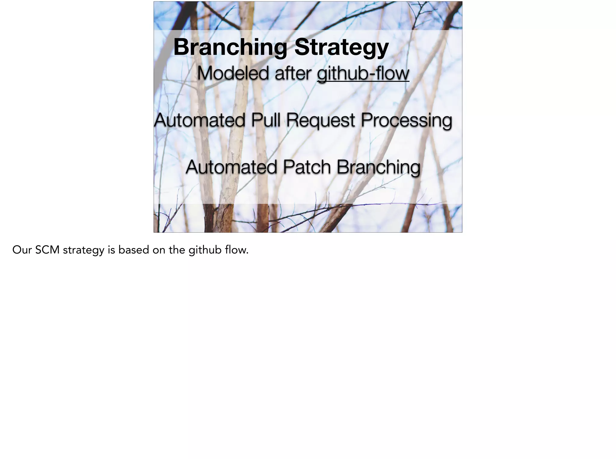 Branching Strategy
Modeled after github-ﬂow
Automated Pull Request Processing
Automated Patch Branching
 