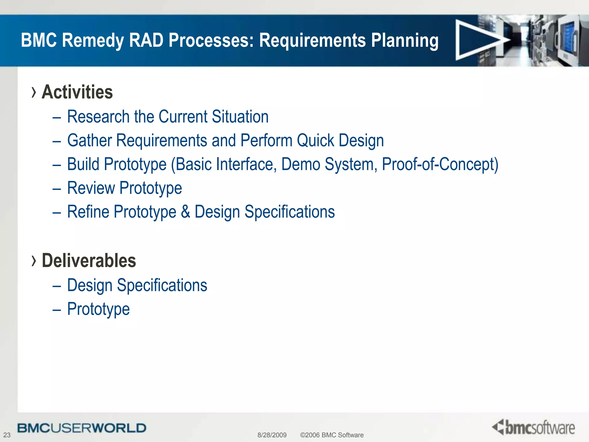 8/28/2009©2006 BMC Software23BMC Remedy RAD Processes: Requirements PlanningActivitiesResearch the Current SituationGather Requirements and Perform Quick Design Build Prototype (Basic Interface, Demo System, Proof-of-Concept)Review PrototypeRefine Prototype & Design SpecificationsDeliverablesDesign SpecificationsPrototype