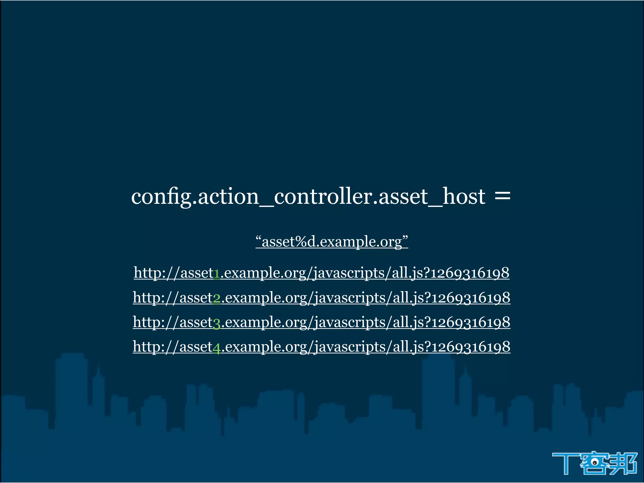 conﬁg.action_controller.asset_host                  =
                 “asset%d.example.org”

http://asset1.example.org/javascripts/all.js?1269316198
http://asset2.example.org/javascripts/all.js?1269316198
http://asset3.example.org/javascripts/all.js?1269316198
http://asset4.example.org/javascripts/all.js?1269316198
 