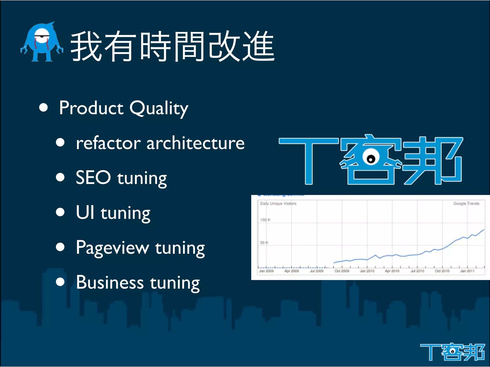 • Product Quality
 • refactor architecture
 • SEO tuning
 • UI tuning
 • Pageview tuning
 • Business tuning
 