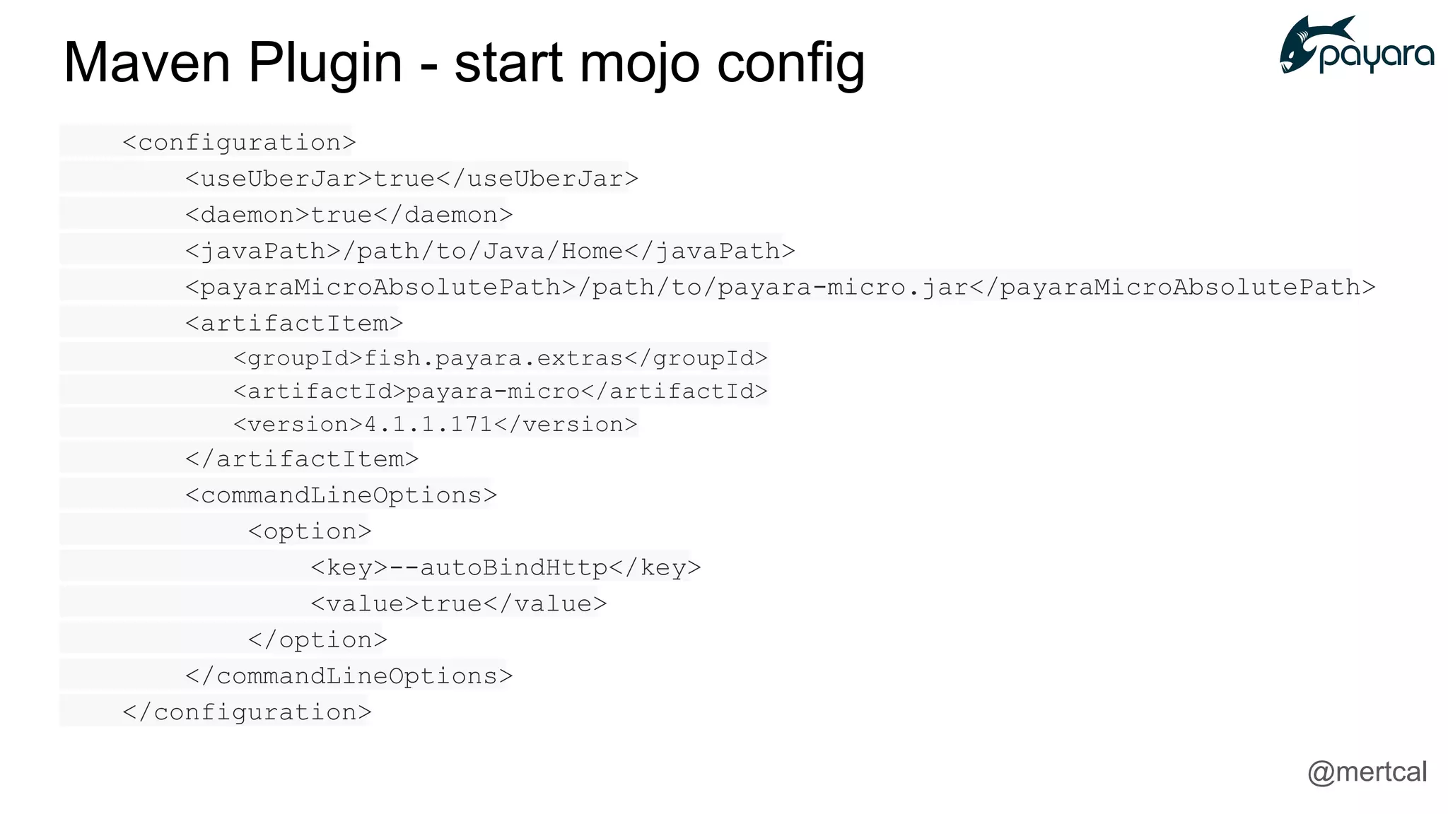 <configuration>
<useUberJar>true</useUberJar>
<daemon>true</daemon>
<javaPath>/path/to/Java/Home</javaPath>
<payaraMicroAbsolutePath>/path/to/payara-micro.jar</payaraMicroAbsolutePath>
<artifactItem>
<groupId>fish.payara.extras</groupId>
<artifactId>payara-micro</artifactId>
<version>4.1.1.171</version>
</artifactItem>
<commandLineOptions>
<option>
<key>--autoBindHttp</key>
<value>true</value>
</option>
</commandLineOptions>
</configuration>
Maven Plugin - start mojo config
@mertcal
 