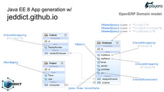 Java EE 8 App generation w/
jeddict.github.io
@Email
@JsonbProperty
("fName")
@JsonbTransient
java.time.LocalDate
@NamedQuery(name = "findAll")
@NamedQuery(name = "findByFirstName")
@NamedQuery(name = "findByEmail")
@JsonbProperty
("number")
@NotEmpty
@JsonbProperty
("lName")
OpenERP Domain model
 