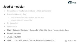 ● Supports any relational database (JDBC compliant)
● Relationship mapping
○ JoinColumn to JoinTable converter and vice versa
○ java.util.Collection, java.util.Map
● Embeddable
● Inheritance
● Query Builder / Executor / Generator (JPQL, SQL, Stored Procedure, Entity Graph)
● Bean Validation
● JAXB / JSON-B
● more… Fluent API, java.util.Optional, Reverse Engineering etc.
Jeddict modeler
@jGauravGupta
 