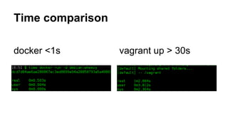 Time comparison
docker <1s vagrant up > 30s
 