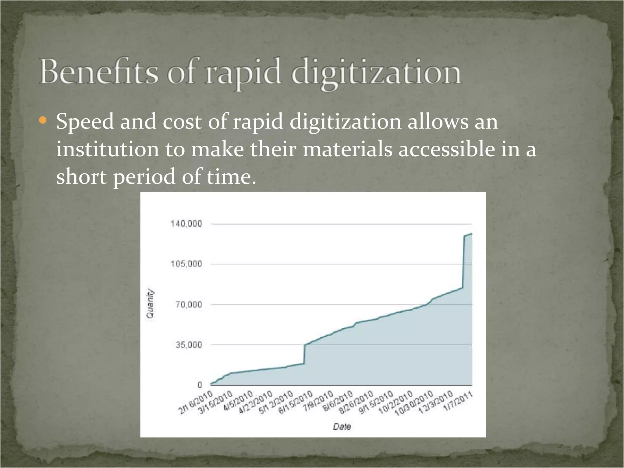 Speed and cost of rapid digitization allows an institution to make their materials accessible in a short period of time. 