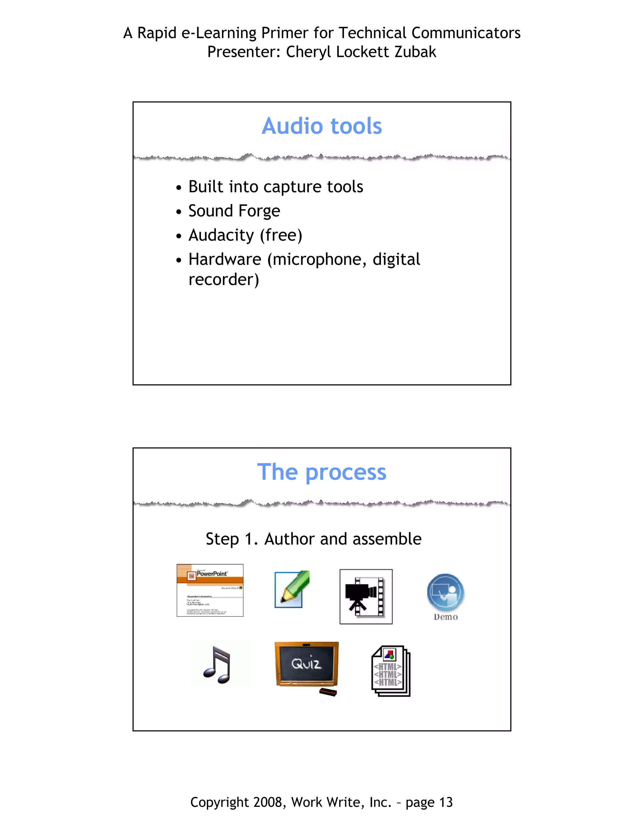 A Rapid e-Learning Primer for Technical Communicators
Presenter: Cheryl Lockett Zubak
Copyright 2008, Work Write, Inc. – page 13
Audio tools
• Built into capture tools
• Sound Forge
• Audacity (free)
• Hardware (microphone, digital
recorder)
The process
Step 1. Author and assemble
 