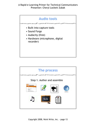 A Rapid e-Learning Primer for Technical Communicators
Presenter: Cheryl Lockett Zubak
Copyright 2008, Work Write, Inc. – page 13
Audio tools
• Built into capture tools
• Sound Forge
• Audacity (free)
• Hardware (microphone, digital
recorder)
The process
Step 1. Author and assemble
 
