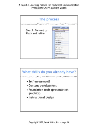 A Rapid e-Learning Primer for Technical Communicators
Presenter: Cheryl Lockett Zubak
Copyright 2008, Work Write, Inc. – page 14
The process
Step 2. Convert to
Flash and refine
What skills do you already have?
• Self-assessment?
• Content development
• Foundation tools (presentation,
graphics)
• Instructional design
 