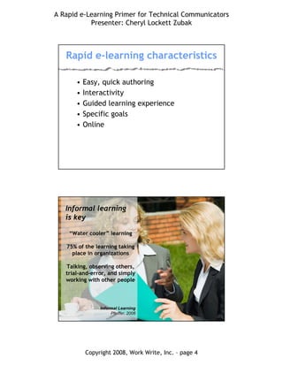 A Rapid e-Learning Primer for Technical Communicators
Presenter: Cheryl Lockett Zubak
Copyright 2008, Work Write, Inc. – page 4
Rapid e-learning characteristics
• Easy, quick authoring
• Interactivity
• Guided learning experience
• Specific goals
• Online
“Water cooler” learning
75% of the learning taking
place in organizations
Talking, observing others,
trial-and-error, and simply
working with other people
Informal Learning
Pfeiffer, 2006
Informal learning
is key
 