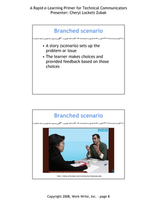 A Rapid e-Learning Primer for Technical Communicators
Presenter: Cheryl Lockett Zubak
Copyright 2008, Work Write, Inc. – page 8
Branched scenario
• A story (scenario) sets up the
problem or issue
• The learner makes choices and
provided feedback based on those
choices
Branched scenario
http://www.articulate.com/community/showcase.php
 