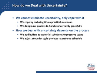 How do we Deal with Uncertainty?We cannot eliminate uncertainty, only cope with itWe cope by reducing it to a practical minimumWe design our process to handle uncertainty gracefullyHow we deal with uncertainty depends on the processWe add buffers to waterfall schedules to preserve scopeWe adjust scope for agile projects to preserve schedule