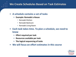 We Create Schedules Based on Task EstimatesA schedule contains a set of tasksExample: Remodel a HouseRemodel KitchenRemodel BedroomRemodel Living RoomEach task takes time. To plan a schedule, we need to know Effort required per taskResources available per taskThe logical sequencing of tasksWe will focus on effort estimates in this course