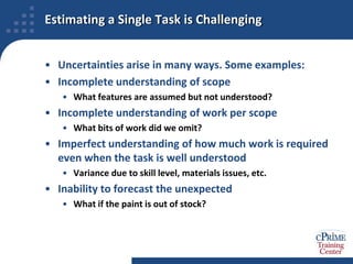 Estimating a Single Task is ChallengingUncertainties arise in many ways. Some examples:Incomplete understanding of scopeWhat features are assumed but not understood?Incomplete understanding of work per scopeWhat bits of work did we omit?Imperfect understanding of how much work is required even when the task is well understoodVariance due to skill level, materials issues, etc.Inability to forecast the unexpectedWhat if the paint is out of stock?