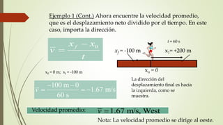 Ejemplo 1 (Cont.) Ahora encuentre la velocidad promedio,
que es el desplazamiento neto dividido por el tiempo. En este
caso, importa la dirección.
0fx x
v
t


xo = 0
t = 60 s
x1= +200 mxf = -100 m
x0 = 0 m; xf = -100 m
100 m 0
1.67 m/s
60 s
v
 
  
La dirección del
desplazamiento final es hacia
la izquierda, como se
muestra.
Velocidad promedio: 1.67 m/s, Westv 
Nota: La velocidad promedio se dirige al oeste.
 