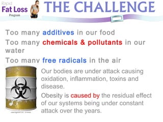 Too many  additives  in our food Too many   chemicals & pollutants  in our water Too many  free radicals  in the air Rapid Fat Loss   Program Our bodies are under attack causing oxidation, inflammation, toxins and disease. Obesity is  caused by  the residual effect of our systems being under constant attack over the years. 