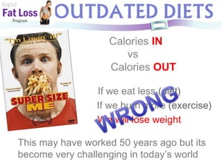 Rapid Fat Loss   Program Calories  IN  vs  Calories  OUT If we eat less  (diet) If we burn more  (exercise) We will lose weight This may have worked 50 years ago but its become very challenging in today’s world 