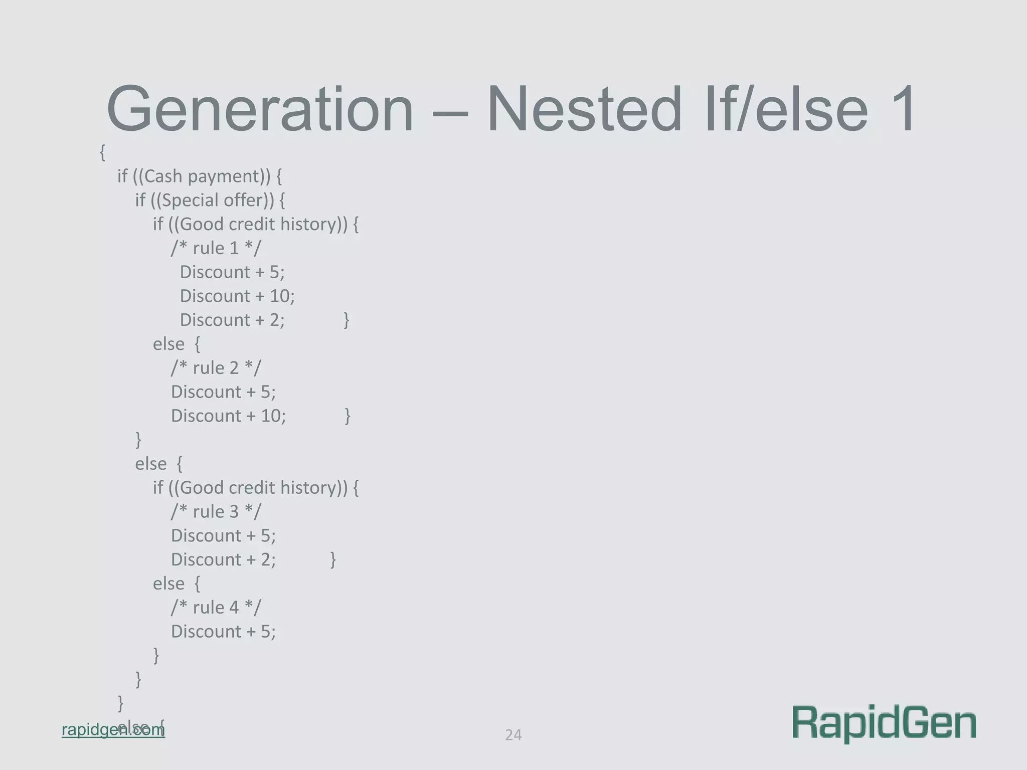 Generation – Nested If/else 1 
rapidgen.com 
24 
{ 
if ((Cash payment)) { 
if ((Special offer)) { 
if ((Good credit history)) { 
/* rule 1 */ 
Discount + 5; 
Discount + 10; 
Discount + 2; } 
else { 
/* rule 2 */ 
Discount + 5; 
Discount + 10; } 
} 
else { 
if ((Good credit history)) { 
/* rule 3 */ 
Discount + 5; 
Discount + 2; } 
else { 
/* rule 4 */ 
Discount + 5; 
} 
} 
} 
else { 
 