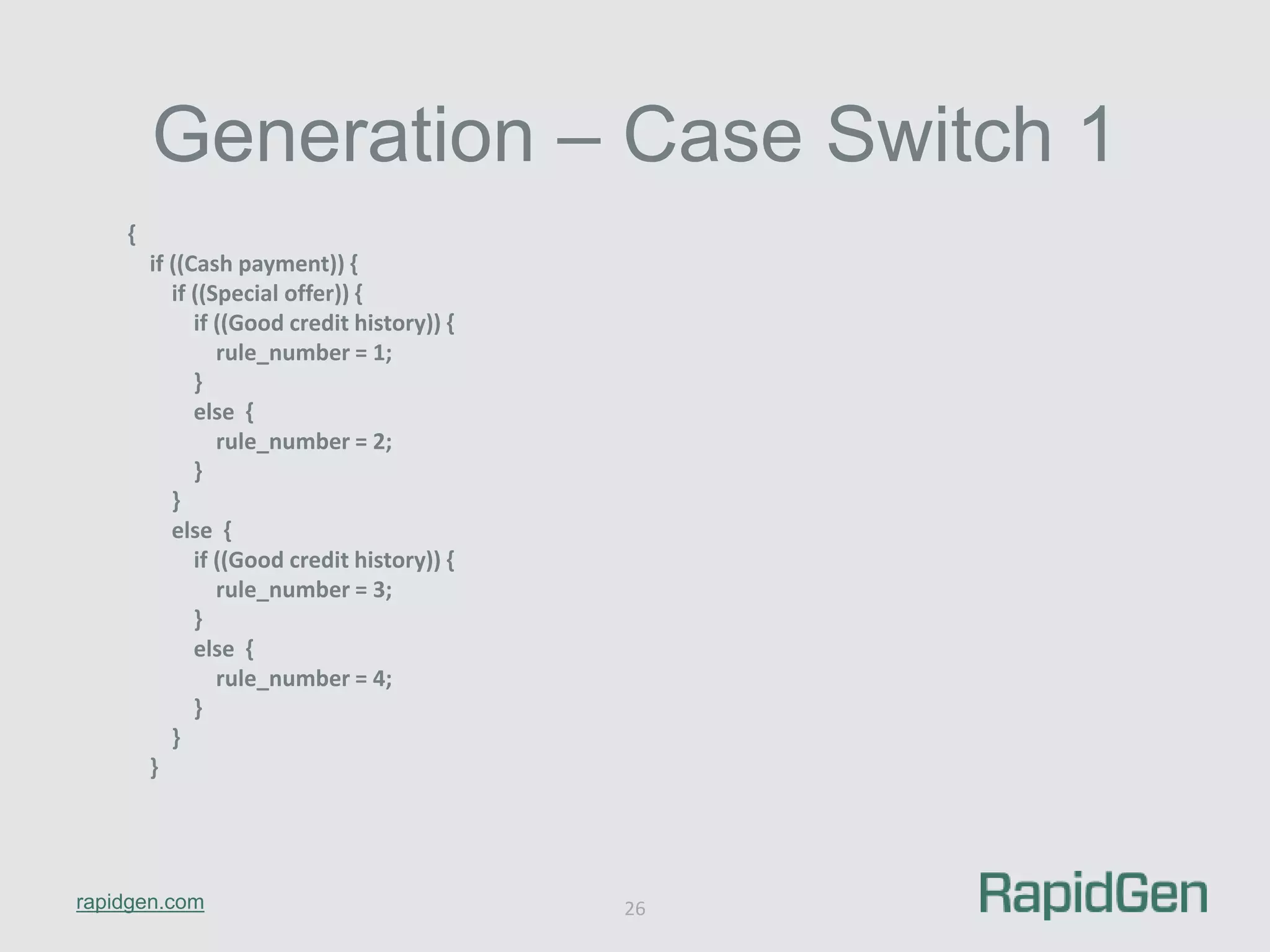 Generation – Case Switch 1 
rapidgen.com 
26 
{ 
if ((Cash payment)) { 
if ((Special offer)) { 
if ((Good credit history)) { 
rule_number = 1; 
} 
else { 
rule_number = 2; 
} 
} 
else { 
if ((Good credit history)) { 
rule_number = 3; 
} 
else { 
rule_number = 4; 
} 
} 
} 
 