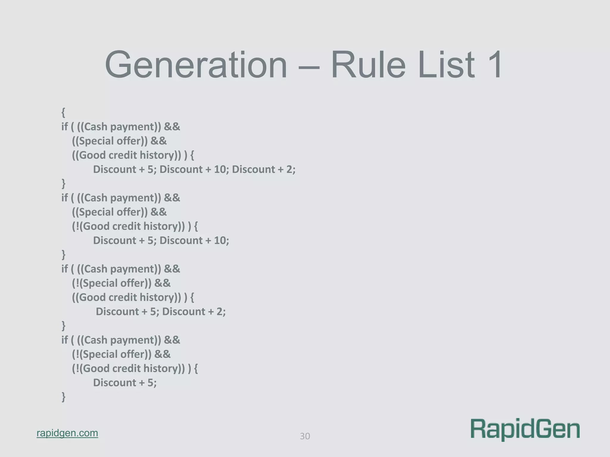 rapidgen.com 
Generation – Rule List 1 
30 
{ 
if ( ((Cash payment)) && 
((Special offer)) && 
((Good credit history)) ) { 
Discount + 5; Discount + 10; Discount + 2; 
} 
if ( ((Cash payment)) && 
((Special offer)) && 
(!(Good credit history)) ) { 
Discount + 5; Discount + 10; 
} 
if ( ((Cash payment)) && 
(!(Special offer)) && 
((Good credit history)) ) { 
Discount + 5; Discount + 2; 
} 
if ( ((Cash payment)) && 
(!(Special offer)) && 
(!(Good credit history)) ) { 
Discount + 5; 
} 
 