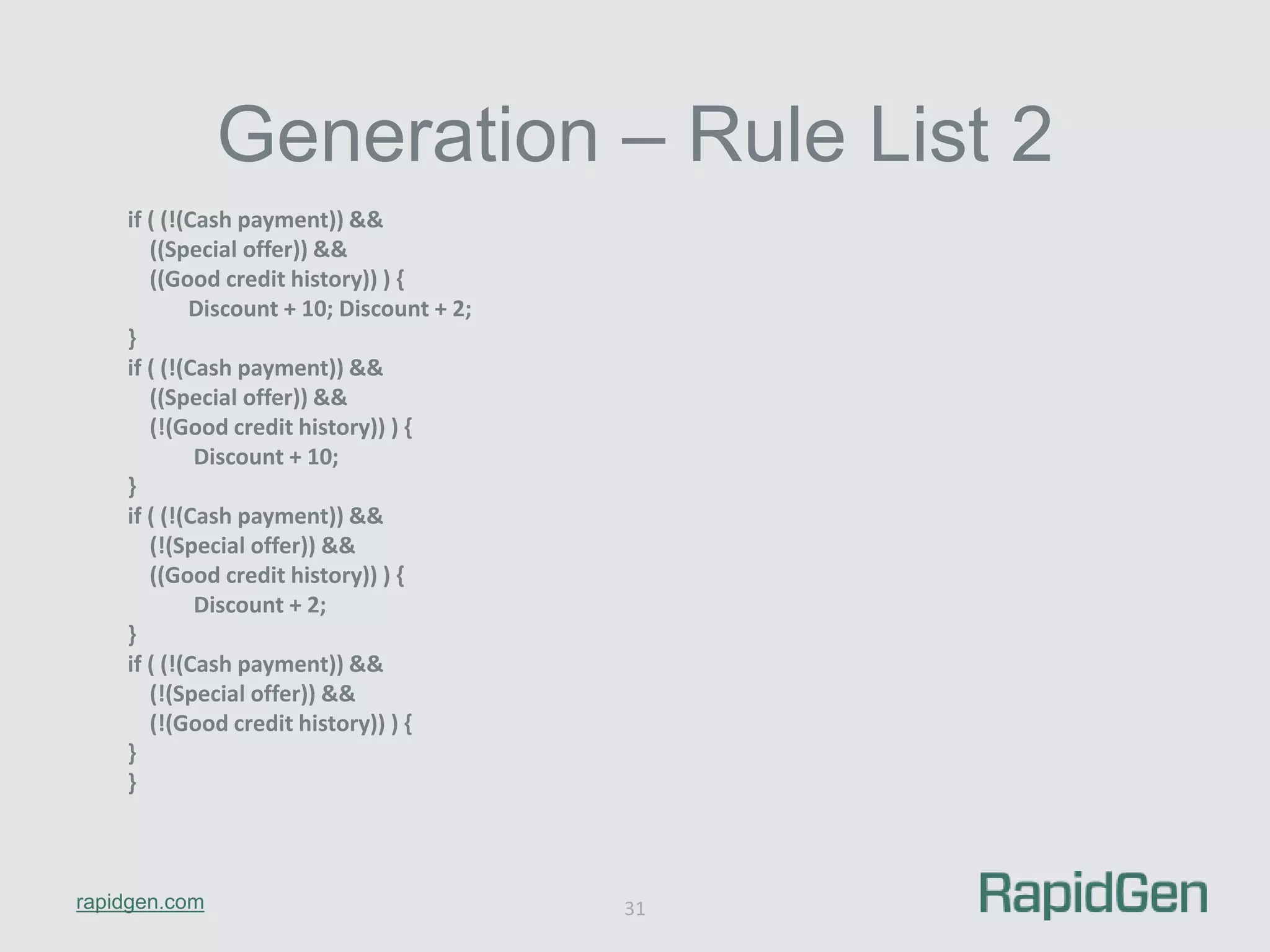 rapidgen.com 
Generation – Rule List 2 
31 
if ( (!(Cash payment)) && 
((Special offer)) && 
((Good credit history)) ) { 
Discount + 10; Discount + 2; 
} 
if ( (!(Cash payment)) && 
((Special offer)) && 
(!(Good credit history)) ) { 
Discount + 10; 
} 
if ( (!(Cash payment)) && 
(!(Special offer)) && 
((Good credit history)) ) { 
Discount + 2; 
} 
if ( (!(Cash payment)) && 
(!(Special offer)) && 
(!(Good credit history)) ) { 
} 
} 
 