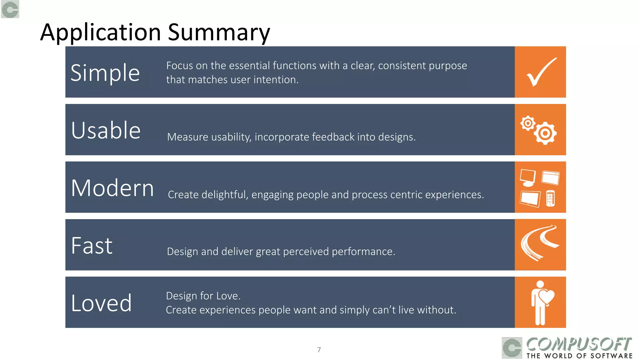 Simple
Usable
Modern
Fast
Loved
Focus on the essential functions with a clear, consistent purpose
that matches user intention.
Measure usability, incorporate feedback into designs.
Create delightful, engaging people and process centric experiences.
Design and deliver great perceived performance.
Design for Love.
Create experiences people want and simply can’t live without.
Application Summary
7
 