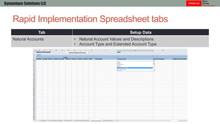 Rapid Implementation Spreadsheet tabs
Dynamique Solutions LLC
Tab Setup Data
Natural Accounts • Natural Account Values and Descriptions
• Account Type and Extended Account Type
 