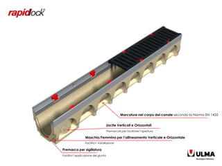 Marcature nel corpo del canale secondo la Norma EN 1433


                                     Uscite Verticali e Orizzontali
                                     Premarcati per facilitare l’apertura

                 Maschio/Femmina per l’allineamento Verticale e Orizzontale
                 Facilita l’ installazione

Premarca per sigillatura
Facilita l’applicazione del giunto
 