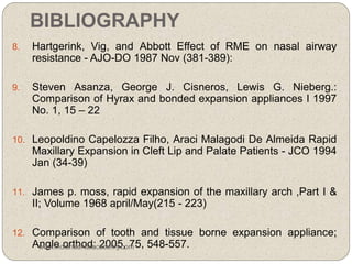 BIBLIOGRAPHY
8. Hartgerink, Vig, and Abbott Effect of RME on nasal airway
resistance - AJO-DO 1987 Nov (381-389):
9. Steven Asanza, George J. Cisneros, Lewis G. Nieberg.:
Comparison of Hyrax and bonded expansion appliances I 1997
No. 1, 15 – 22
10. Leopoldino Capelozza Filho, Araci Malagodi De Almeida Rapid
Maxillary Expansion in Cleft Lip and Palate Patients - JCO 1994
Jan (34-39)
11. James p. moss, rapid expansion of the maxillary arch ,Part I &
II; Volume 1968 april/May(215 - 223)
12. Comparison of tooth and tissue borne expansion appliance;
Angle orthod; 2005, 75, 548-557.www.indiandentalacademy.com
 