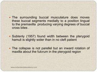  The surrounding buccal musculature does moves
these buccal segments medially to a position lingual
to the premaxilla producing varying degrees of buccal
cross bites .
 Subtenly (1957) found width between the pterygoid
hamuli is slightly wider than in no cleft patient
 The collapse is not parellel but an inward rotation of
maxilla about the fulcrum in the pterygoid region
www.indiandentalacademy.com
 