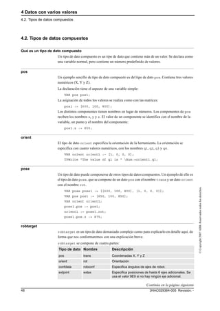 4 Datos con varios valores
4.2. Tipos de datos compuestos
3HAC029364-005 Revisión: -48
©Copyright2007ABB.Reservadostodoslosderechos.
4.2. Tipos de datos compuestos
Qué es un tipo de dato compuesto
Un tipo de dato compuesto es un tipo de dato que contiene más de un valor. Se declara como
una variable normal, pero contiene un número predefinido de valores.
pos
Un ejemplo sencillo de tipo de dato compuesto es del tipo de dato pos. Contiene tres valores
numéricos (X, Y y Z).
La declaración tiene el aspecto de una variable simple:
VAR pos pos1;
La asignación de todos los valores se realiza como con las matrices:
pos1 := [600, 100, 800];
Los distintos componentes tienen nombres en lugar de números. Los componentes de pos
reciben los nombres x, y y z. El valor de un componente se identifica con el nombre de la
variable, un punto y el nombre del componente:
pos1.z := 850;
orient
El tipo de dato orient especifica la orientación de la herramienta. La orientación se
especifica con cuatro valores numéricos, con los nombres q1, q2, q3 y q4.
VAR orient orient1 := [1, 0, 0, 0];
TPWrite "The value of q1 is " Num:=orient1.q1;
pose
Un tipo de dato puede componerse de otros tipos de datos compuestos. Un ejemplo de ello es
el tipo de dato pose, que se compone de un dato pos con el nombre trans y un dato orient
con el nombre rot.
VAR pose pose1 := [[600, 100, 800], [1, 0, 0, 0]];
VAR pos pos1 := [650, 100, 850];
VAR orient orient1;
pose1.pos := pos1;
orient1 := pose1.rot;
pose1.pos.z := 875;
robtarget
robtarget es un tipo de dato demasiado complejo como para explicarlo en detalle aquí, de
forma que nos conformaremos con una explicación breve.
robtarget se compone de cuatro partes:
Tipo de dato Nombre Descripción
pos trans Coordenadas X, Y y Z
orient rot Orientación
confdata robconf Especifica ángulos de ejes de robot.
extjoint extax Especifica posiciones de hasta 6 ejes adicionales. Se
usa el valor 9E9 si no hay ningún eje adicional.
Continúa en la página siguiente
 