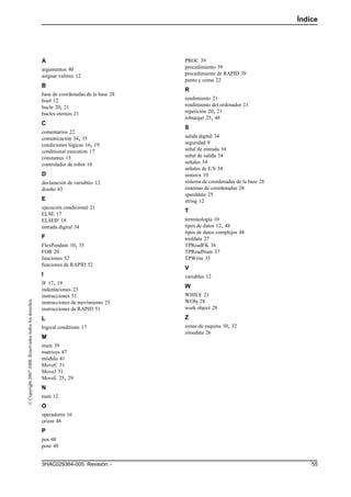 Índice
553HAC029364-005 Revisión: -
©Copyright2007ABB.Reservadostodoslosderechos.
A
argumentos 40
asignar valores 12
B
base de coordenadas de la base 28
bool 12
bucle 20, 21
bucles eternos 21
C
comentarios 22
comunicación 34, 35
condiciones lógicas 16, 19
conditional execution 17
constantes 15
controlador de robot 10
D
declaración de variables 12
diseño 43
E
ejecución condicional 21
ELSE 17
ELSEIF 18
entrada digital 34
F
FlexPendant 10, 35
FOR 20
funciones 52
funciones de RAPID 52
I
IF 17, 19
indentaciones 23
instrucciones 51
instrucciones de movimiento 25
instrucciones de RAPID 51
L
logical conditions 17
M
main 39
matrices 47
módulo 41
MoveC 31
MoveJ 31
MoveL 25, 29
N
num 12
O
operadores 16
orient 48
P
pos 48
pose 48
PROC 39
procedimiento 39
procedimiento de RAPID 39
punto y coma 22
R
rendimiento 21
rendimiento del ordenador 21
repetición 20, 21
robtarget 25, 48
S
salida digital 34
seguridad 9
señal de entrada 34
señal de salida 34
señales 34
señales de E/S 34
sintaxis 10
sistema de coordenadas de la base 28
sistemas de coordenadas 28
speeddata 25
string 12
T
terminología 10
tipos de datos 12, 48
tipos de datos complejos 48
tooldata 27
TPReadFK 36
TPReadNum 37
TPWrite 35
V
variables 12
W
WHILE 21
WObj 28
work object 28
Z
zonas de esquina 30, 32
zonedata 26
 