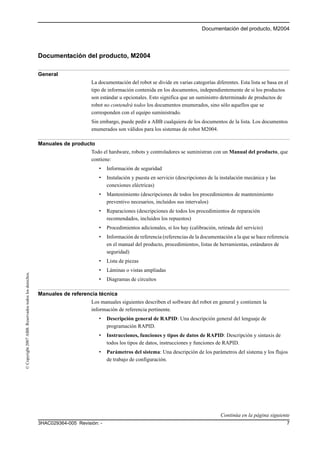 Documentación del producto, M2004
73HAC029364-005 Revisión: -
©Copyright2007ABB.Reservadostodoslosderechos.
Documentación del producto, M2004
General
La documentación del robot se divide en varias categorías diferentes. Esta lista se basa en el
tipo de información contenida en los documentos, independientemente de si los productos
son estándar u opcionales. Esto significa que un suministro determinado de productos de
robot no contendrá todos los documentos enumerados, sino sólo aquellos que se
corresponden con el equipo suministrado.
Sin embargo, puede pedir a ABB cualquiera de los documentos de la lista. Los documentos
enumerados son válidos para los sistemas de robot M2004.
Manuales de producto
Todo el hardware, robots y controladores se suministran con un Manual del producto, que
contiene:
• Información de seguridad
• Instalación y puesta en servicio (descripciones de la instalación mecánica y las
conexiones eléctricas)
• Mantenimiento (descripciones de todos los procedimientos de mantenimiento
preventivo necesarios, incluidos sus intervalos)
• Reparaciones (descripciones de todos los procedimientos de reparación
recomendados, incluidos los repuestos)
• Procedimientos adicionales, si los hay (calibración, retirada del servicio)
• Información de referencia (referencias de la documentación a la que se hace referencia
en el manual del producto, procedimientos, listas de herramientas, estándares de
seguridad)
• Lista de piezas
• Láminas o vistas ampliadas
• Diagramas de circuitos
Manuales de referencia técnica
Los manuales siguientes describen el software del robot en general y contienen la
información de referencia pertinente.
• Descripción general de RAPID: Una descripción general del lenguaje de
programación RAPID.
• Instrucciones, funciones y tipos de datos de RAPID: Descripción y sintaxis de
todos los tipos de datos, instrucciones y funciones de RAPID.
• Parámetros del sistema: Una descripción de los parámetros del sistema y los flujos
de trabajo de configuración.
Continúa en la página siguiente
 