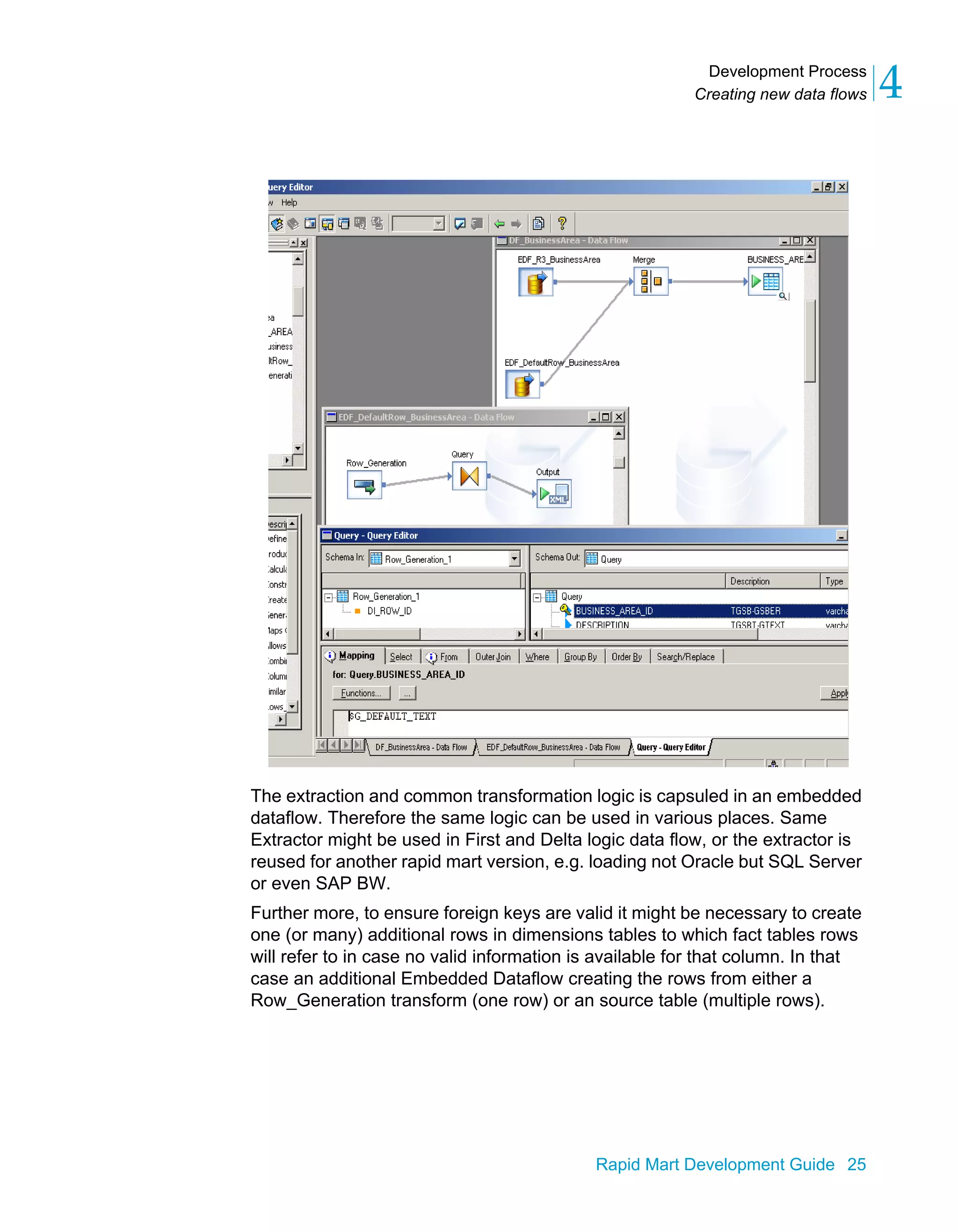 Development Process
Creating new data flows 4
Rapid Mart Development Guide 25
The extraction and common transformation logic is capsuled in an embedded
dataflow. Therefore the same logic can be used in various places. Same
Extractor might be used in First and Delta logic data flow, or the extractor is
reused for another rapid mart version, e.g. loading not Oracle but SQL Server
or even SAP BW.
Further more, to ensure foreign keys are valid it might be necessary to create
one (or many) additional rows in dimensions tables to which fact tables rows
will refer to in case no valid information is available for that column. In that
case an additional Embedded Dataflow creating the rows from either a
Row_Generation transform (one row) or an source table (multiple rows).
 