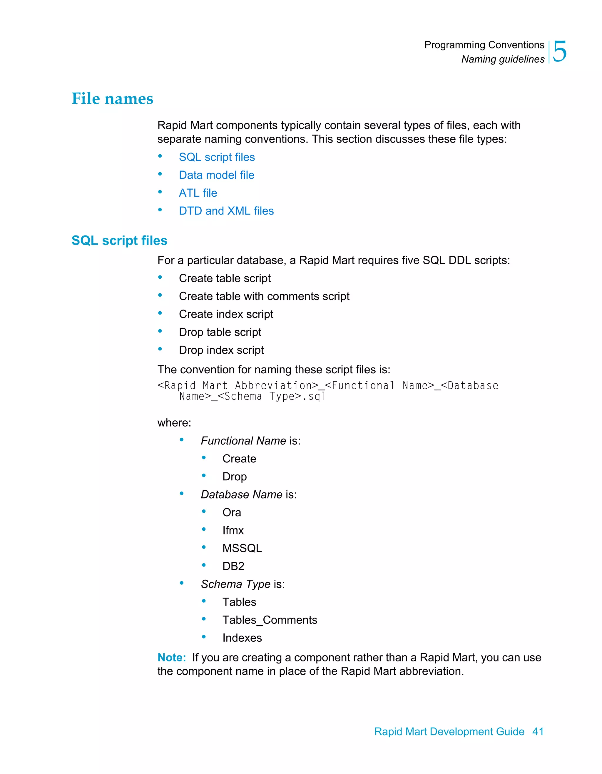 Programming Conventions
Naming guidelines 5
Rapid Mart Development Guide 41
File names
Rapid Mart components typically contain several types of files, each with
separate naming conventions. This section discusses these file types:
• SQL script files
• Data model file
• ATL file
• DTD and XML files
SQL script files
For a particular database, a Rapid Mart requires five SQL DDL scripts:
• Create table script
• Create table with comments script
• Create index script
• Drop table script
• Drop index script
The convention for naming these script files is:
<Rapid Mart Abbreviation>_<Functional Name>_<Database
Name>_<Schema Type>.sql
where:
• Functional Name is:
• Create
• Drop
• Database Name is:
• Ora
• Ifmx
• MSSQL
• DB2
• Schema Type is:
• Tables
• Tables_Comments
• Indexes
Note: If you are creating a component rather than a Rapid Mart, you can use
the component name in place of the Rapid Mart abbreviation.
 