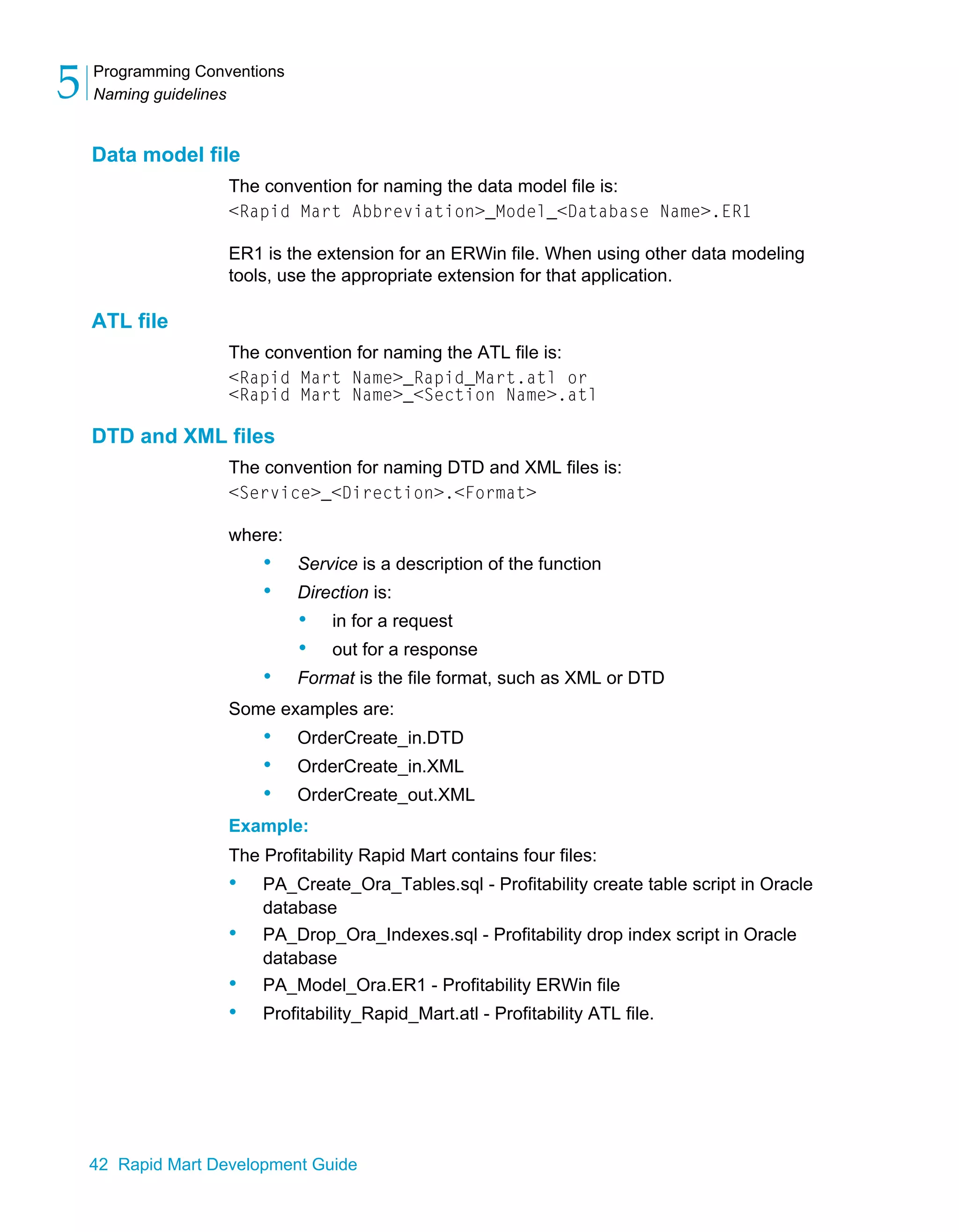 Programming Conventions
Naming guidelines
5
42 Rapid Mart Development Guide
Data model file
The convention for naming the data model file is:
<Rapid Mart Abbreviation>_Model_<Database Name>.ER1
ER1 is the extension for an ERWin file. When using other data modeling
tools, use the appropriate extension for that application.
ATL file
The convention for naming the ATL file is:
<Rapid Mart Name>_Rapid_Mart.atl or
<Rapid Mart Name>_<Section Name>.atl
DTD and XML files
The convention for naming DTD and XML files is:
<Service>_<Direction>.<Format>
where:
• Service is a description of the function
• Direction is:
• in for a request
• out for a response
• Format is the file format, such as XML or DTD
Some examples are:
• OrderCreate_in.DTD
• OrderCreate_in.XML
• OrderCreate_out.XML
Example:
The Profitability Rapid Mart contains four files:
• PA_Create_Ora_Tables.sql - Profitability create table script in Oracle
database
• PA_Drop_Ora_Indexes.sql - Profitability drop index script in Oracle
database
• PA_Model_Ora.ER1 - Profitability ERWin file
• Profitability_Rapid_Mart.atl - Profitability ATL file.
 