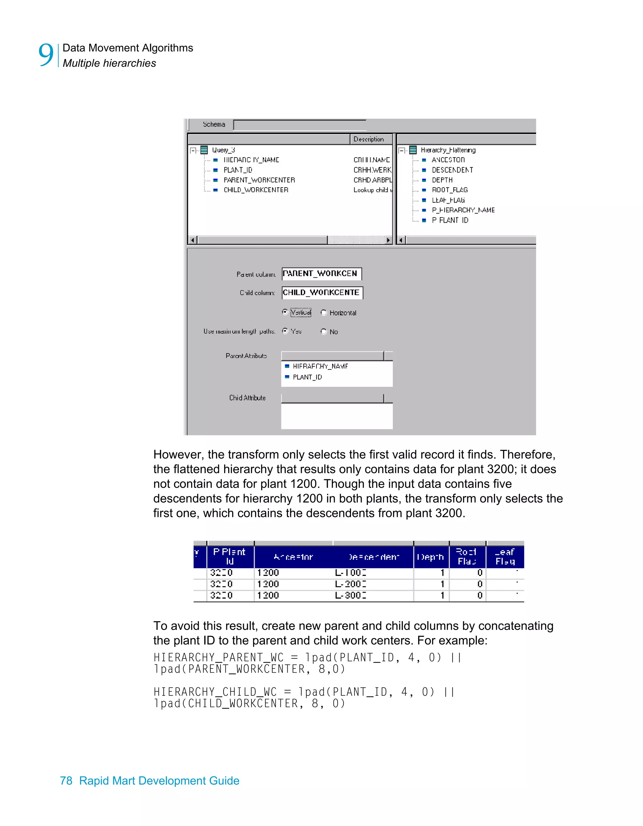 Data Movement Algorithms
Multiple hierarchies
9
78 Rapid Mart Development Guide
However, the transform only selects the first valid record it finds. Therefore,
the flattened hierarchy that results only contains data for plant 3200; it does
not contain data for plant 1200. Though the input data contains five
descendents for hierarchy 1200 in both plants, the transform only selects the
first one, which contains the descendents from plant 3200.
To avoid this result, create new parent and child columns by concatenating
the plant ID to the parent and child work centers. For example:
HIERARCHY_PARENT_WC = lpad(PLANT_ID, 4, 0) ||
lpad(PARENT_WORKCENTER, 8,0)
HIERARCHY_CHILD_WC = lpad(PLANT_ID, 4, 0) ||
lpad(CHILD_WORKCENTER, 8, 0)
 