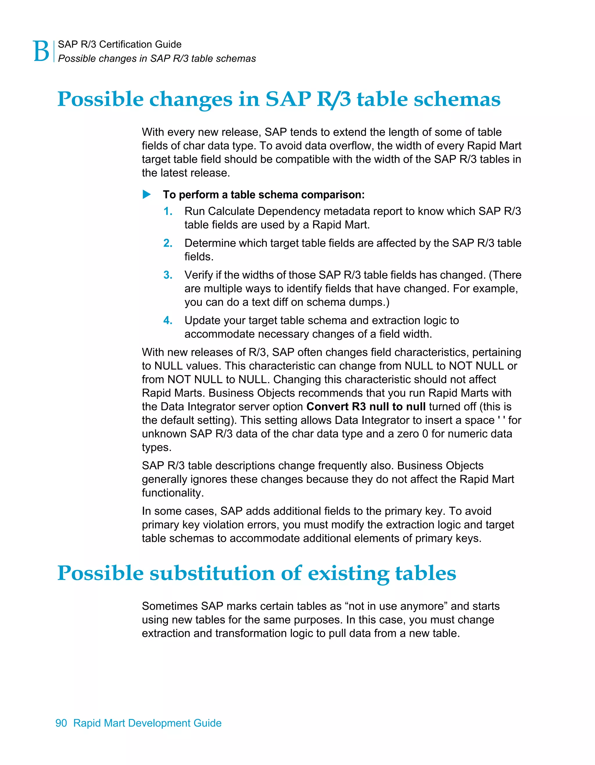 SAP R/3 Certification Guide
Possible changes in SAP R/3 table schemas
B
90 Rapid Mart Development Guide
Possible changes in SAP R/3 table schemas
With every new release, SAP tends to extend the length of some of table
fields of char data type. To avoid data overflow, the width of every Rapid Mart
target table field should be compatible with the width of the SAP R/3 tables in
the latest release.
To perform a table schema comparison:
1. Run Calculate Dependency metadata report to know which SAP R/3
table fields are used by a Rapid Mart.
2. Determine which target table fields are affected by the SAP R/3 table
fields.
3. Verify if the widths of those SAP R/3 table fields has changed. (There
are multiple ways to identify fields that have changed. For example,
you can do a text diff on schema dumps.)
4. Update your target table schema and extraction logic to
accommodate necessary changes of a field width.
With new releases of R/3, SAP often changes field characteristics, pertaining
to NULL values. This characteristic can change from NULL to NOT NULL or
from NOT NULL to NULL. Changing this characteristic should not affect
Rapid Marts. Business Objects recommends that you run Rapid Marts with
the Data Integrator server option Convert R3 null to null turned off (this is
the default setting). This setting allows Data Integrator to insert a space ' ' for
unknown SAP R/3 data of the char data type and a zero 0 for numeric data
types.
SAP R/3 table descriptions change frequently also. Business Objects
generally ignores these changes because they do not affect the Rapid Mart
functionality.
In some cases, SAP adds additional fields to the primary key. To avoid
primary key violation errors, you must modify the extraction logic and target
table schemas to accommodate additional elements of primary keys.
Possible substitution of existing tables
Sometimes SAP marks certain tables as “not in use anymore” and starts
using new tables for the same purposes. In this case, you must change
extraction and transformation logic to pull data from a new table.
 