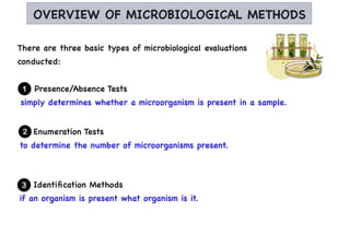 OVERVIEW OF MICROBIOLOGICAL METHODS
There are three basic types of microbiological evaluations
conducted:
Presence/Absence Tests
simply determines whether a microorganism is present in a sample.
Enumeration Tests
to determine the number of microorganisms present.
Identification Methods
if an organism is present what organism is it.
 