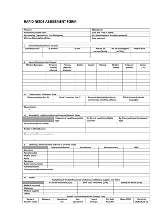 RAPID NEEDS ASSESSMENT FORM

Province:                                                                           Main Event:
Assessment/Report Date:                                                             Date and Time of Event:
Participating Organizations: Plan Philippines                                       GPS Coordinates of area being assessed:
Affected Municipalities/Cities:                                                     Area assessed:


I.       General Situation Before Disaster
     Total Population          % Women                        % Men                    Ave No. of        No. of handicapped         Poverty Rate
                                                                                     persons/family           or PWDs




II.      General Situation After Disaster
      Affected Barangays         Persons/         Persons        Deaths      Injured       Missing       Children        Pregnant          Seniors
                                 families        /families                                               under 5         Women              (>70)
                                 affected        displaced




III.    Characteristics of Disaster Zone
       Urban proportion (est %)              Rural Proportion (est %)        Economic Activity (agricultural,          Ethnic Groups (cultural,
                                                                             commercial, industrial, others)                 languages)


Observations:
    •

IV.  Accessibility to Affected Municipalities and Disaster Zones
                                    By Land/est travel time/vehicle         By Air/est travel time/flights        By Water/est travel time/vessel
                                    type                                    available                             type
To the municipal/city center

Routes to affected zones

Observations/Recommendations:

              •

V.    Electricity, communication and Fuel in Disaster Zones
                               Operational/Normal                    Intermittent               Non-operational                     Why?
Electricity
Telephone/fax
Mobile phone
Radio
Television
Radio Communication
Fuel Distribution
Observations/Recommendations:


VI.      Health
                                  Availability of Medical Personnel, Medicines and Medical Supplies and Others
                                Available Provisions (Y/N)            With Extra Provisions (Y/N)              Satisfy the Needs (Y/N)
Medical Personnel
Medicines
Medical Supplies
Others
                                                      Health Establishments in the Disaster Zone
  Name of               Category           Operational          Non-            Type of          No. Beds           Water (Y/N)        Electricity
Health Facility                               (%)           operational         Damage           Available                           (Y/N)/Back-up
 