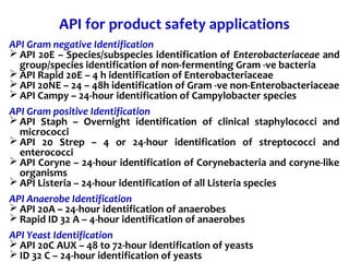 API for product safety applications
API Gram negative Identification
 API 20E – Species/subspecies identification of Enterobacteriaceae and
group/species identification of non-fermenting Gram -ve bacteria
 API Rapid 20E – 4 h identification of Enterobacteriaceae
 API 20NE – 24 – 48h identification of Gram -ve non-Enterobacteriaceae
 API Campy – 24-hour identification of Campylobacter species
API Gram positive Identification
 API Staph – Overnight identification of clinical staphylococci and
micrococci
 API 20 Strep – 4 or 24-hour identification of streptococci and
enterococci
 API Coryne – 24-hour identification of Corynebacteria and coryne-like
organisms
 API Listeria – 24-hour identification of all Listeria species
API Anaerobe Identification
 API 20A – 24-hour identification of anaerobes
 Rapid ID 32 A – 4-hour identification of anaerobes
API Yeast Identification
 API 20C AUX – 48 to 72-hour identification of yeasts
 ID 32 C – 24-hour identification of yeasts
 