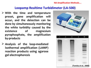 Loopamp Realtime Turbidimeter (LA-500)
 With the time and temperature
preset, gene amplification will
occur, and the detection can be
done by simultaneously monitoring
the white turbidity caused by the
existence of magnesium
pyrophosphate, the amplification
by-products
 Analysis of the loop-mediated
isothermal amplification (LAMP)
reaction products using agarose
gel electrophoresis
(Tomita et al., 2008)
NA Amplification Methods….
 