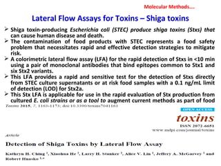 Molecular Methods….
 Shiga toxin-producing Escherichia coli (STEC) produce shiga toxins (Stxs) that
can cause human disease and death.
 The contamination of food products with STEC represents a food safety
problem that necessitates rapid and effective detection strategies to mitigate
risk.
 A colorimetric lateral flow assay (LFA) for the rapid detection of Stxs in <10 min
using a pair of monoclonal antibodies that bind epitopes common to Stx1 and
six Stx2 variants.
 This LFA provides a rapid and sensitive test for the detection of Stxs directly
from STEC culture supernatants or at risk food samples with a 0.1 ng/mL limit
of detection (LOD) for Stx2a.
 This Stx LFA is applicable for use in the rapid evaluation of Stx production from
cultured E. coli strains or as a tool to augment current methods as part of food
safety testing.
Lateral Flow Assays for Toxins – Shiga toxins
 