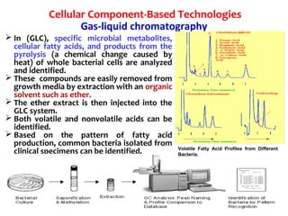 Gas-liquid chromatography
 In (GLC), specific microbial metabolites,
cellular fatty acids, and products from the
pyrolysis (a chemical change caused by
heat) of whole bacterial cells are analyzed
and identified.
 These compounds are easily removed from
growth media by extraction with an organic
solvent such as ether.
 The ether extract is then injected into the
GLC system.
 Both volatile and nonvolatile acids can be
identified.
 Based on the pattern of fatty acid
production, common bacteria isolated from
clinical specimens can be identified. Volatile Fatty Acid Profiles from Different
Bacteria.
Cellular Component-Based Technologies
 