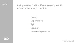 Policy makers find it difficult to use scientific
evidence because of the 5 Ss:
5Ss phenomenon
Does Evidence Matter Meeting
Series, ODI, London 2004
• Speed
• Superficiality
• Spin
• Secrecy
• Scientific Ignorance
Five Ss
 