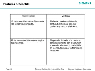 Page 16 Siemens Healthcare Diagnostics
Siemens Confidential – Internal Use Only
Ventajas
Características
 El operador introduce la muestra
consistentemente con el volumen
adecuado, eliminando variabilidad
en los resultados por la técnica de
muestreo.
El sistema automáticamente aspira
las muestras.
 El cliente puede maximizar la
cantidad de tiempo con los
pacientes y no con el sistema.
El sistema calibra automáticamente
los sensores de medida.
Features & Benefits
 