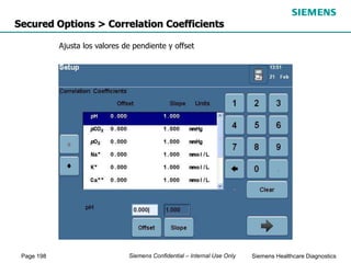 Page 198 Siemens Healthcare Diagnostics
Siemens Confidential – Internal Use Only
Secured Options > Correlation Coefficients
Ajusta los valores de pendiente y offset
 